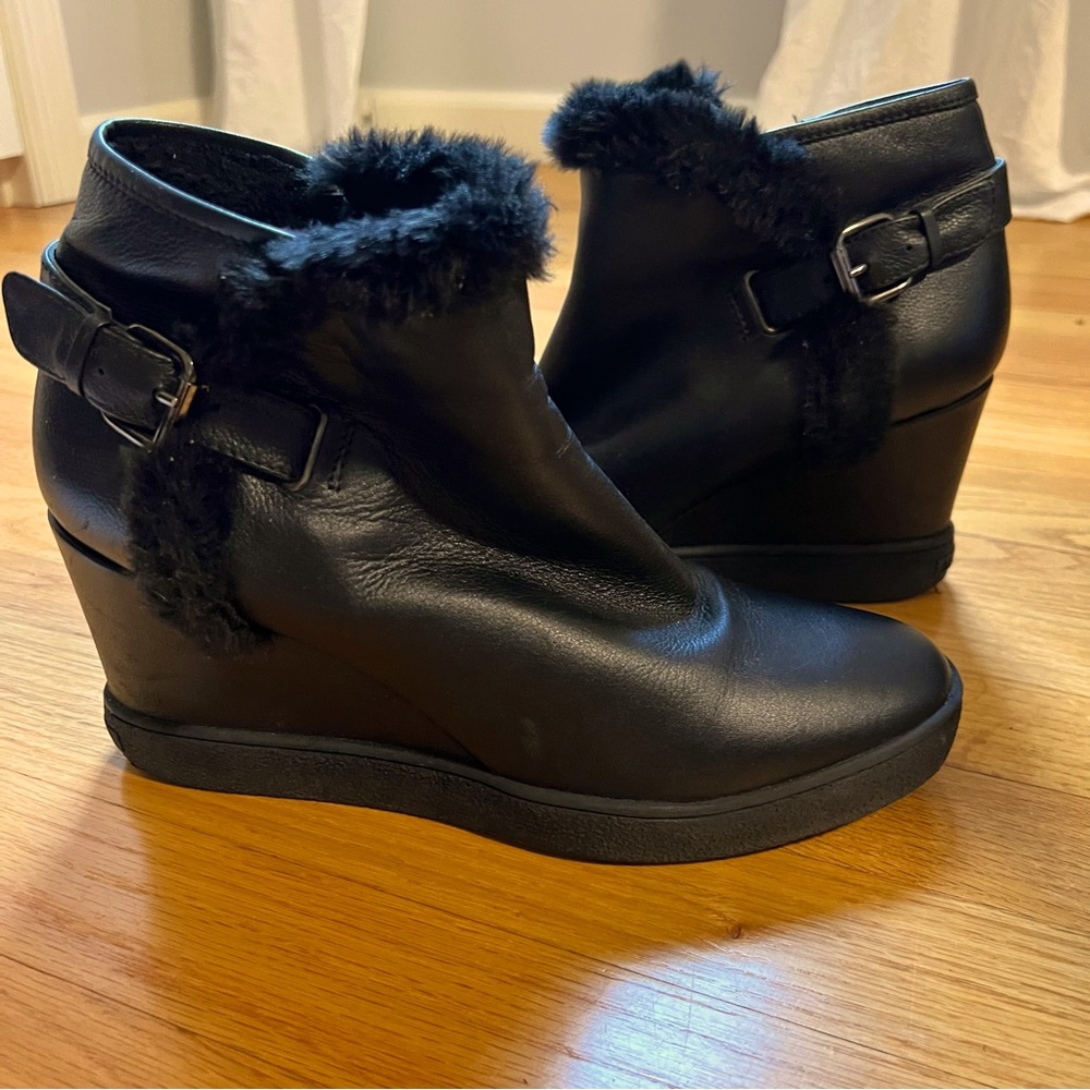 Aquatalia Leather Wedge Booties with Faux Shearing